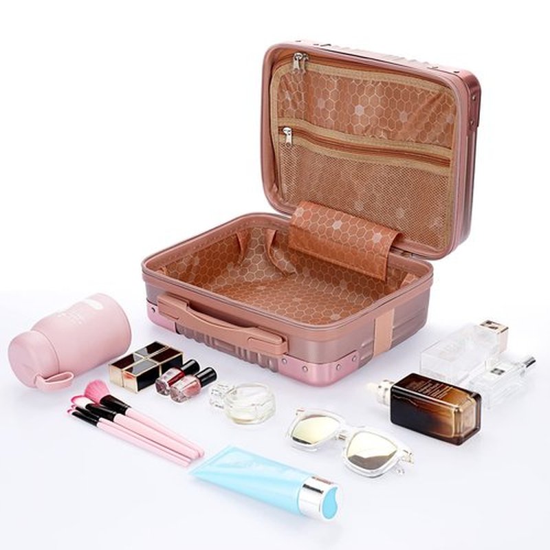 BSTKEY Portable Hard Shell Cosmetic Travel Case, Small Travel Hand Luggage with Elastic Band, Mini ABS Carrying Makeup Case Suitcase, Rose Gold