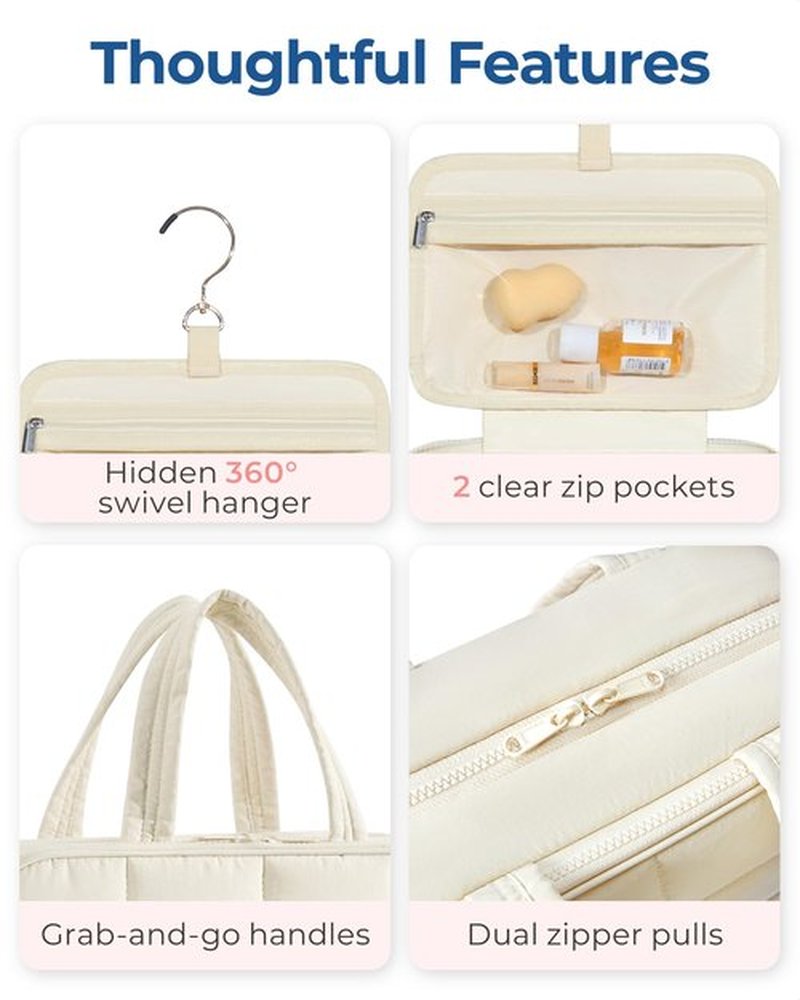 BAGSMART Travel Toiletry Bag with Jewelry Organizer, Hanging Travel Bag for Toiletries, Puffy Makeup Cosmetic Bag Organizer, Carry-on Travel Accessories Essentials, Camel-L