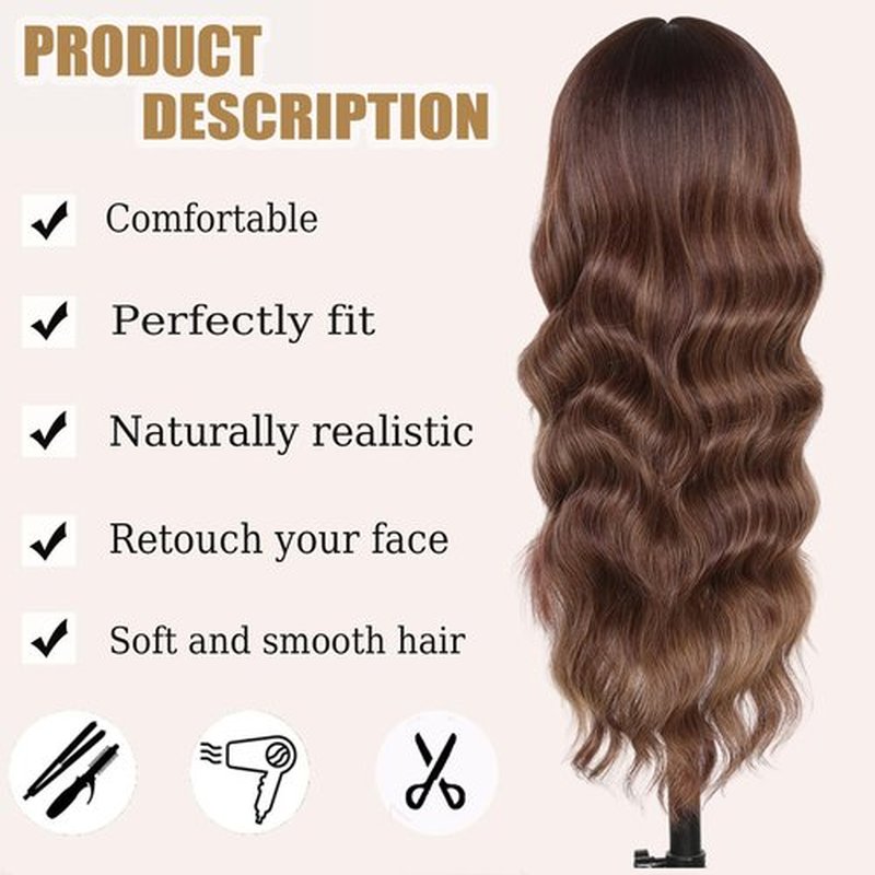 punhurt Brown Wig with Bangs for Women Long Wavy Hair Wig Brown Highlight Wig Curly Wavy Synthetic Wigs for Girls Daily Party Use