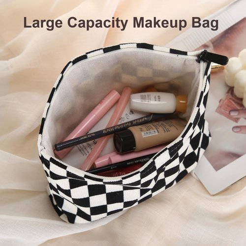 Wudimeitt Cosmetic bag Makeup bag Preppy Cute Corduroy Toiletry bag for women travel essentials (Plaid black)