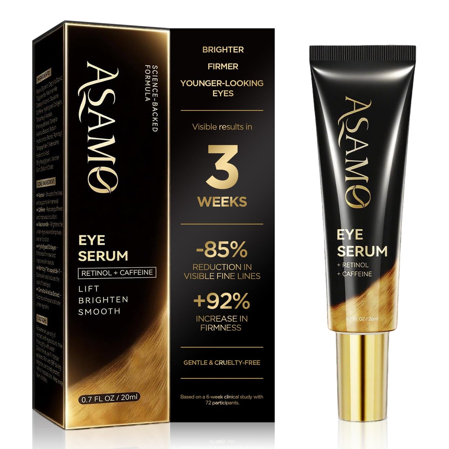 ASAMO Retinol & Vegan Collagen Eye Serum - Rapid Reduction Serum for Bags, Dark Circles and Wrinkles - Firming & Energizing Eye Treatment - 20ml