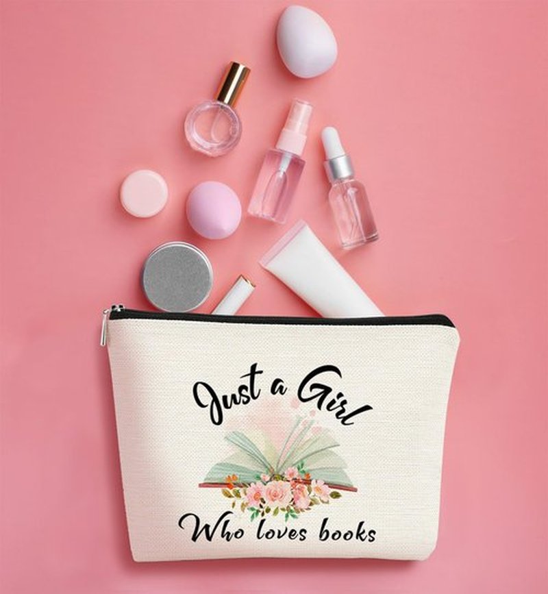 BARPERY Book Lovers Gifts Small Makeup Bag, Bookish Gifts for Book Lovers for Women Cosmetic Bag, Birthday Gift Ideas for Reader Just A Girl Who Loves Books