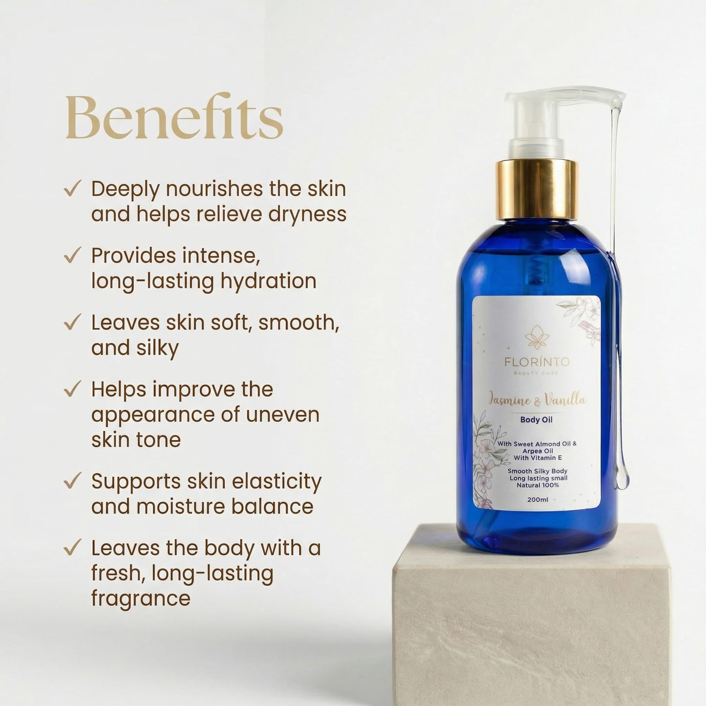 FLORÍNTO Body Oil – Hydrating & Nourishing Formula with Natural Oils & Vitamin E – Deep Moisture for Smooth & Glowing Skin – Fast Absorbing & Non-Greasy Formula – 200 ml (Jasmine & Vanilla)