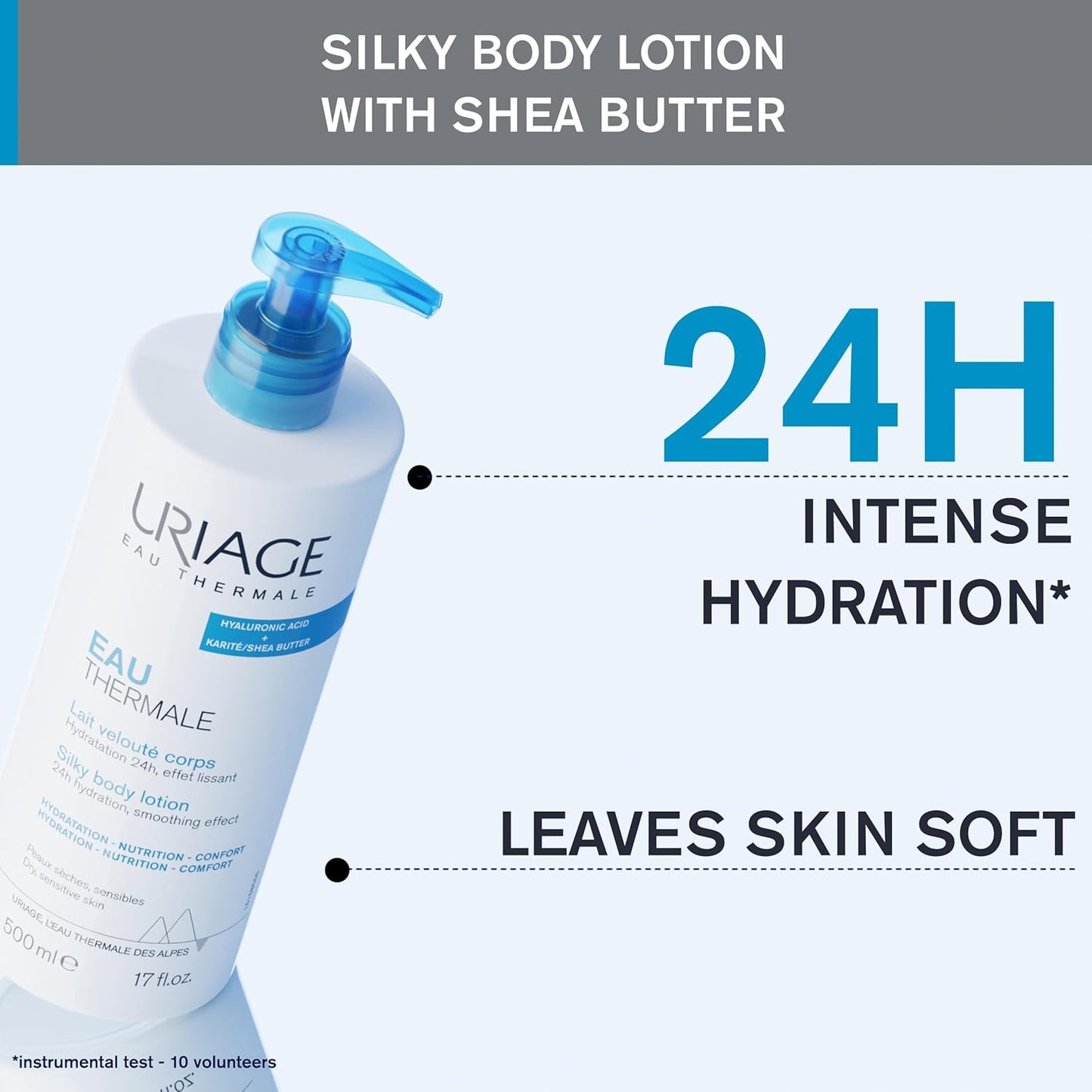 URIAGE Silky Body Lotion with Shea Butter & Hyaluronic Acid | 24H Hydration, Smoothing Effect, Moisturizer, Paraben-Free, 500 mL / 17 oz