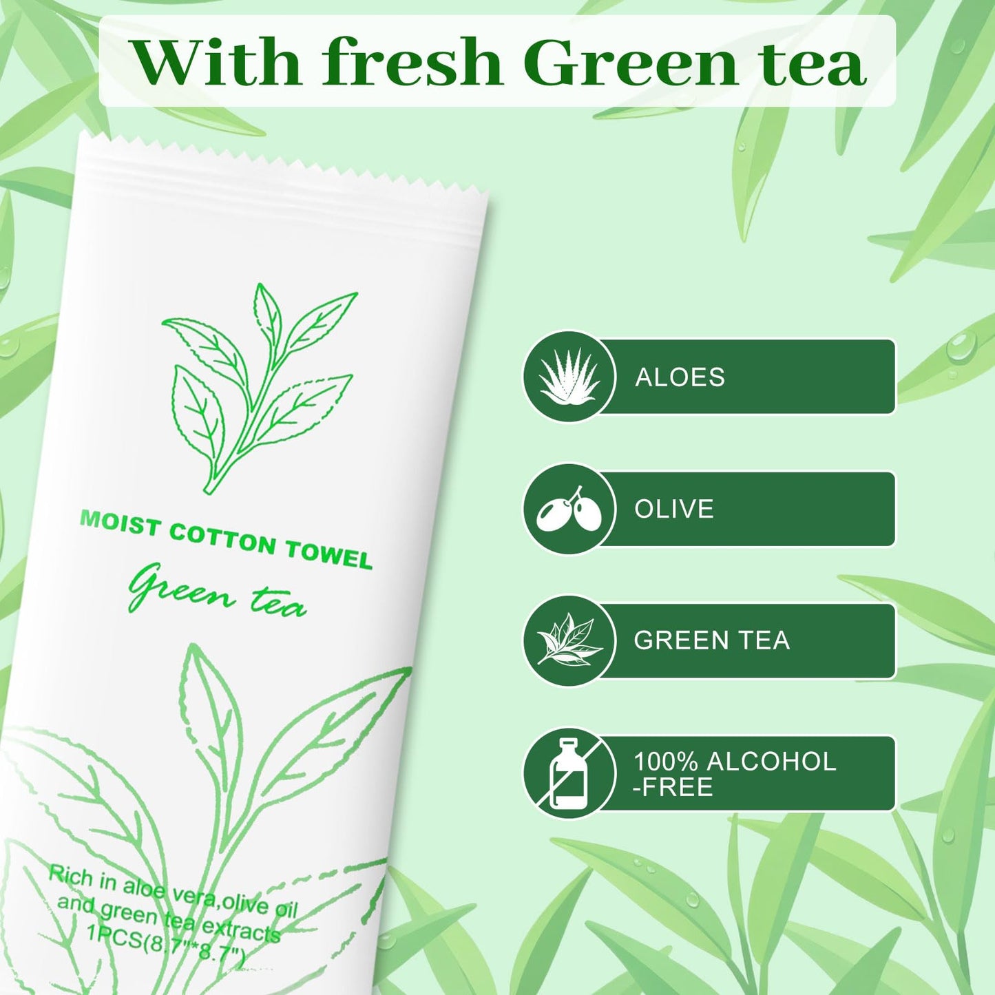 Moist Cotton Towel Bulk Moist Towelettes Individually Wrapped,White Towel Services,Refreshment Pre Moistened Towels for Dentist Travel Sport Party Hotel 100，Green tea