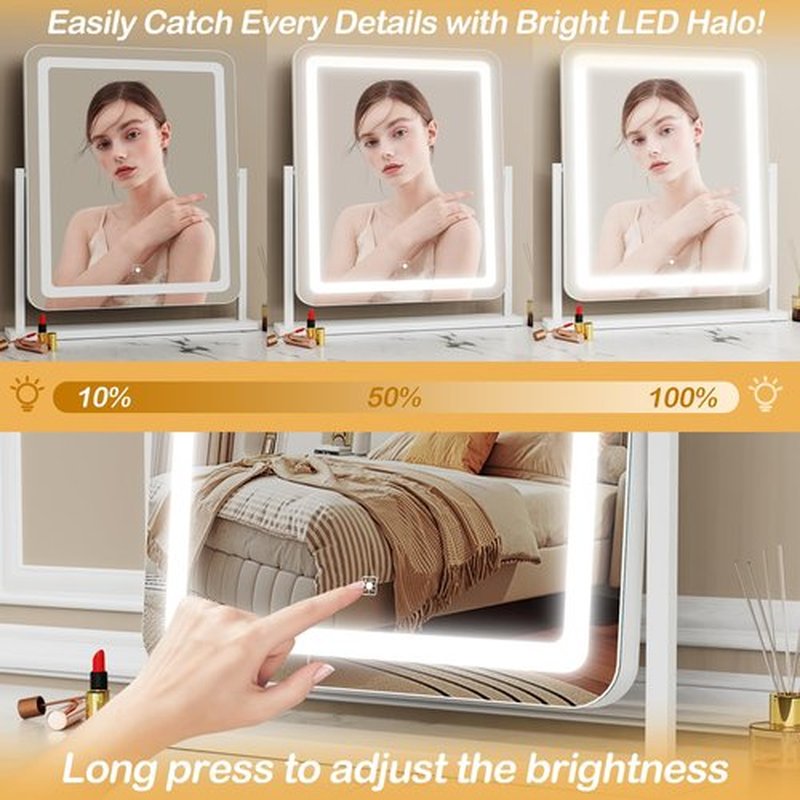 Gvnkvn Makeup Vanity Mirror with USB Charging Port 22" x 18" Large LED Makeup Mirror, Desk Mirorr with Lights, Light up Mirror with 10X Magnification and, Dimmable 3 Modes, Touch Screen Control