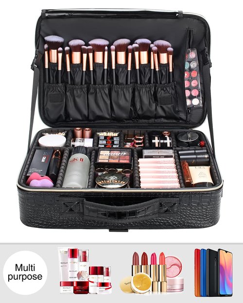 Relavel Makeup Case Large Makeup Bag Professional Train Case 16.5 inches Travel Cosmetic Organizer Brush Holder Waterproof Makeup Artist Storage Box, Large Capacity (Crocodile Pattern, Large)
