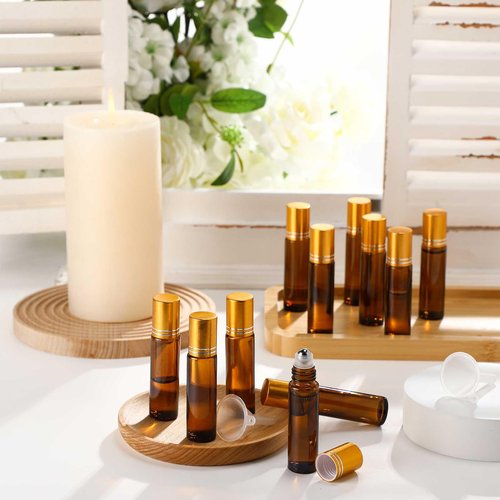 Sumind 150 Pcs Essential Oil Roller Bottles 10 ml Glass Roller Bottles with Stainless Steel Roller Balls Empty Bottles Leak Proof Roll on Bottles with 5 Funnel for Travel Essential Oil (Amber, Gold)