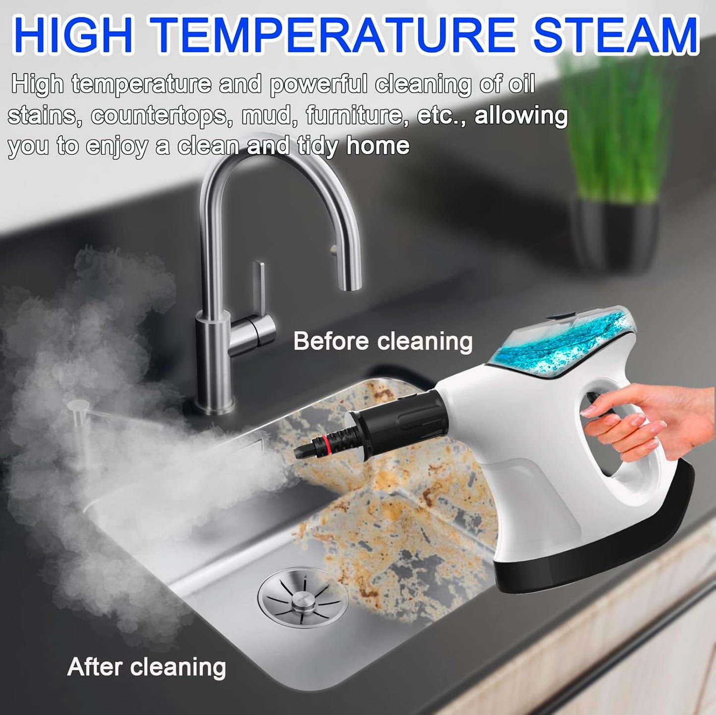 Handheld Steam Cleaner - 10S Quick Heat, Large Water Tank & 9 Accessories | Multi-Surface Use for Home, Kitchen & Car (White/Black)