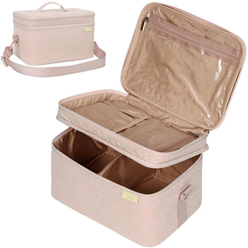 NISHEL Extra Large Double Layer Travel Makeup Bag Women, Cosmetic Organizer Case, Travel Essentials Accessories with Shoulder Strap for Bottles, Brushes, Conditioner, Skin Care Products, Pink