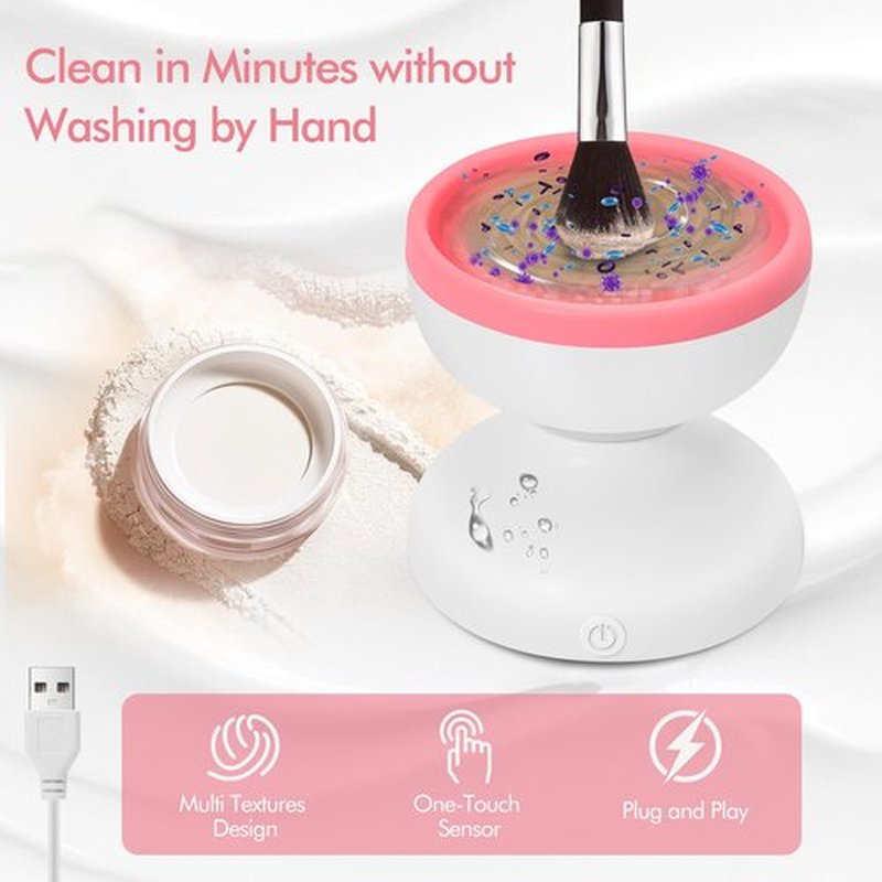 Reiyu Makeup Brush Cleaner Machine, Electric Makeup Brush Cleaner, Automatic Spinning Make Up Brush Cleaner Fit for All Size Makeup Brush（WhitePink）