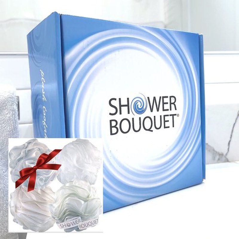 SHOWER BOUQUET Loofah-Bath-Sponge XL-75g-Soft-Set 4-Pack-Pastel-Colors - Extra-Large Mesh Pouf Scrubber for Men and Women - Exfoliate with Big Lathering Cleanse
