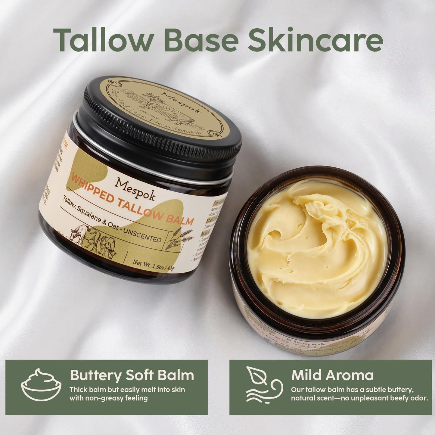 Mespok Tallow Balm, 100% Grass-Fed Beef Tallow for Skin -1.5oz Unscented