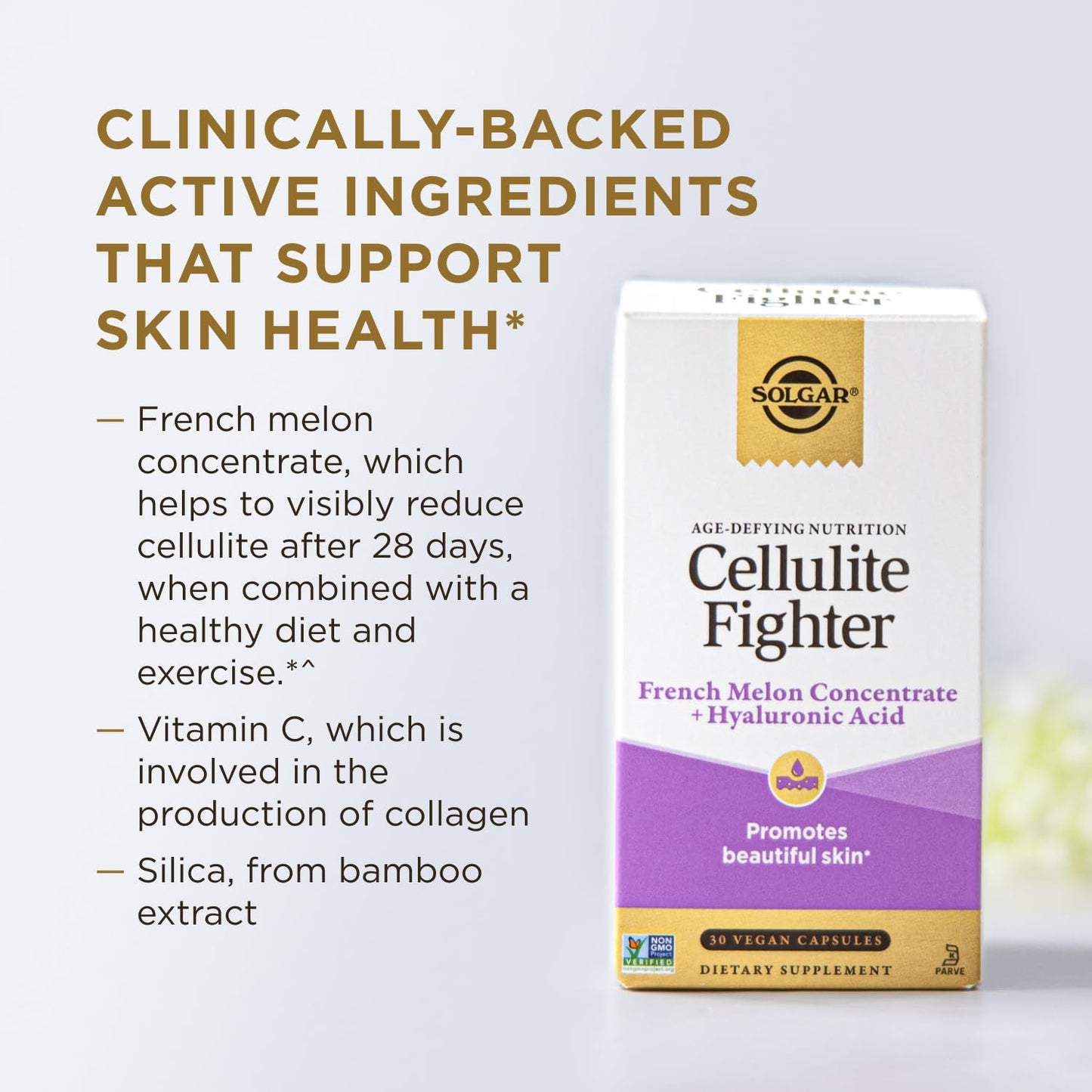 Solgar Cellulite Fighter Skin Vitamin and Mineral Supplement, Support Smooth Skin with French Melon Concentrate, Hyaluronic Acid and Vitamin C Supplement, Age-Defying Nutrition for Women, 30 Servings
