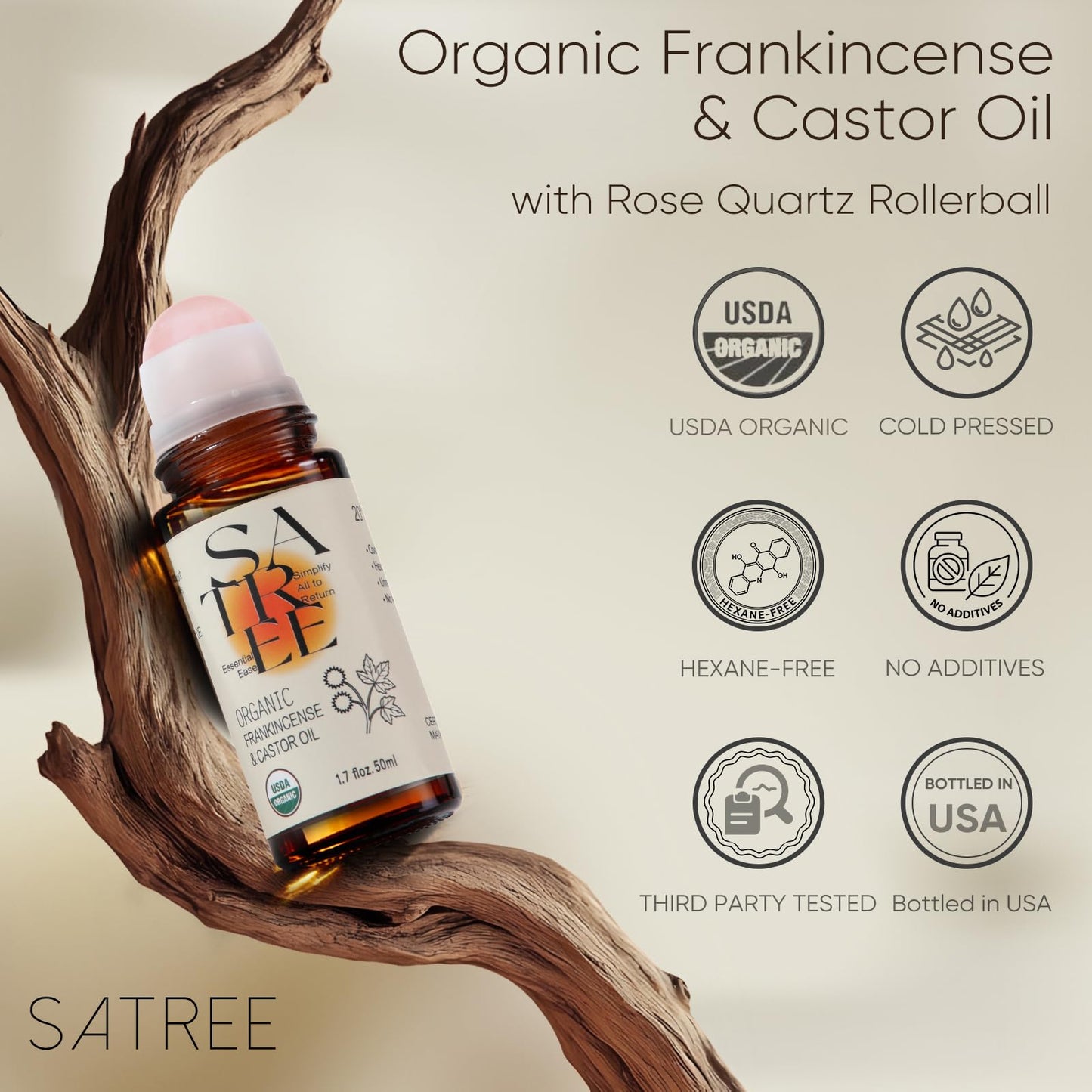 Organic Castor & Frankincense Oil Roll-On with Rose Quartz Roller 1.7 Fl Oz
