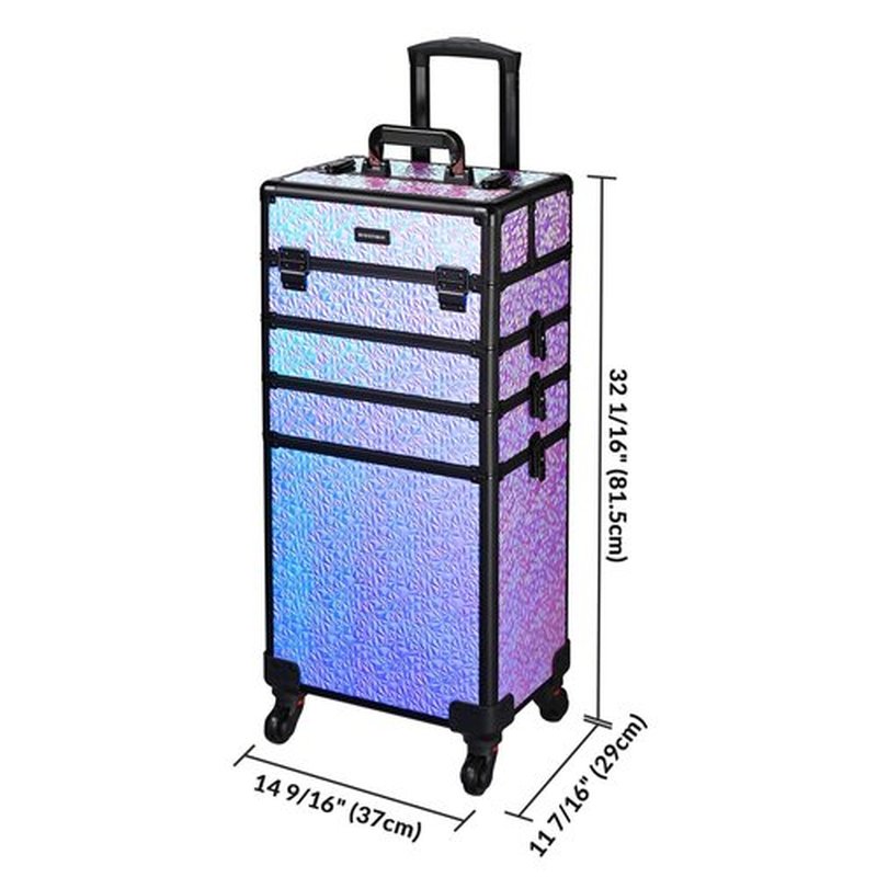 BYOOTIQUE Rolling Makeup Train Case 4in1 Cosmetic Trolley Organizer Travel Case Lockable Salon Barber Case Traveling Cart Trunk with Wheels for Makeup Artist Trave Nail, Mermaid Purple