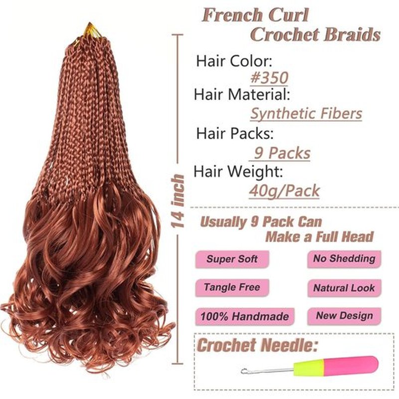 RuiYok French Curly Crochet Braids 14 Inch 9 Packs Ginger Goddess Box Braids Hair with Loose Wavy Ends Copper Red Pre Looped French Curl Bouncy Hair Extensions for Women