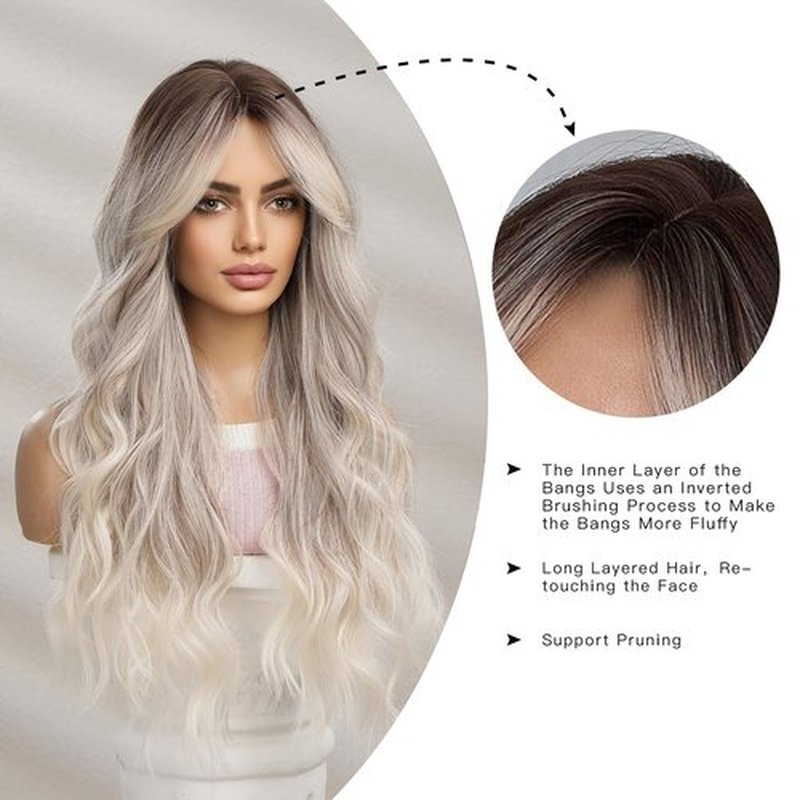 OMELPIS Long Ombre Brown Ash Blonde Wavy Wig with Bangs for Women Natural Butterfly Haircut Gray Ash Platinum Dark Roots Layered Wavy Synthetic Wigs Curtain Bangs Curly Hair Daily Party Dating 26In