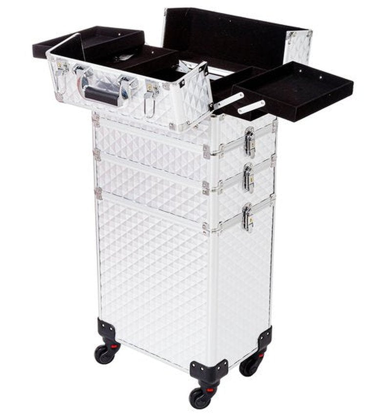 AROUS Rolling Makeup Train Case Large Storage Cosmetic Trolley 4 in 1 Large Capacity Trolley Makeup Travel Case with Key Swivel Wheels Salon Barber Case Traveling Cart Trunk, Silver