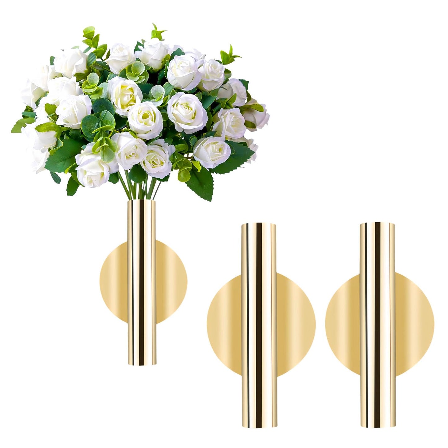 2 Pcs Gold Wall Decor, Plant Wall Vase Metal Tube Decoration Holder Used to Display Dried Flowers, Faux Flowers, Fake Flowers, Also Suitable for Gravestone Memorial Decoration (Round Gold)