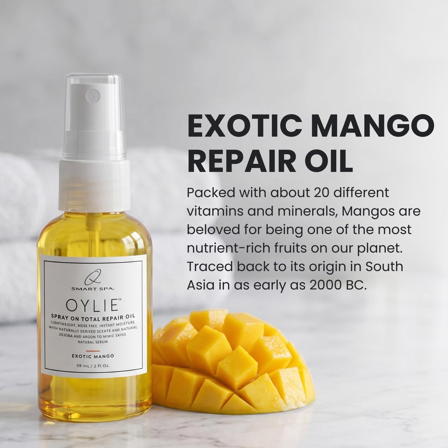 QTICA Oylie Spray On Total Repair Body Oil | Lightweight Spray Oil with Natural Jojoba & Argan Oil for Instant Moisture, Smooth Finish Deep Hydration for Soft Supple Looking Skin 2oz (Exotic Mango)