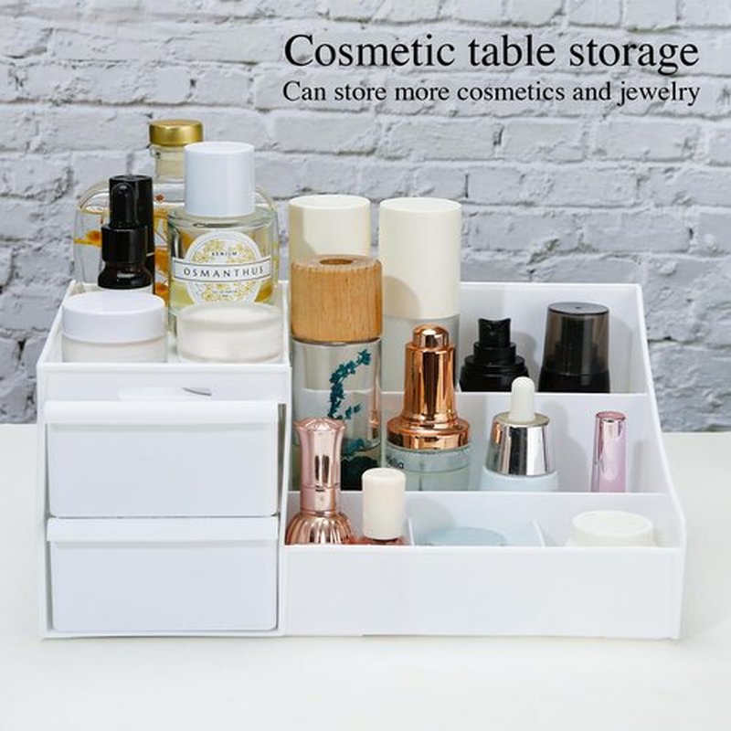 POFUOT skin care organizer,Makeup Desk Organizer With Drawers,Countertop Organizer for Cosmetics,Vanity brush with Holder for Lipstick, Brushes, Eyeshadow, and Desktop (Large-White)
