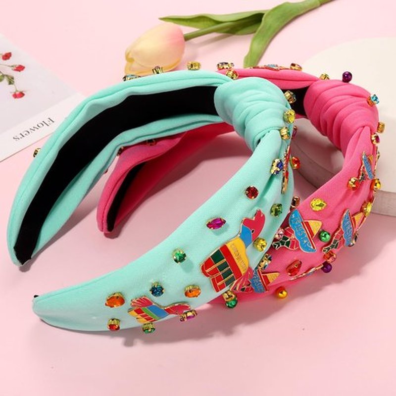 CEALXHENY Jeweled Mexican Headbands for Women, 2PCS Wide Top Knot Headband with Chili Pepper Charms, Fiesta Party Accessories, Cinco De Mayo Gifts (White, Hot Pink)