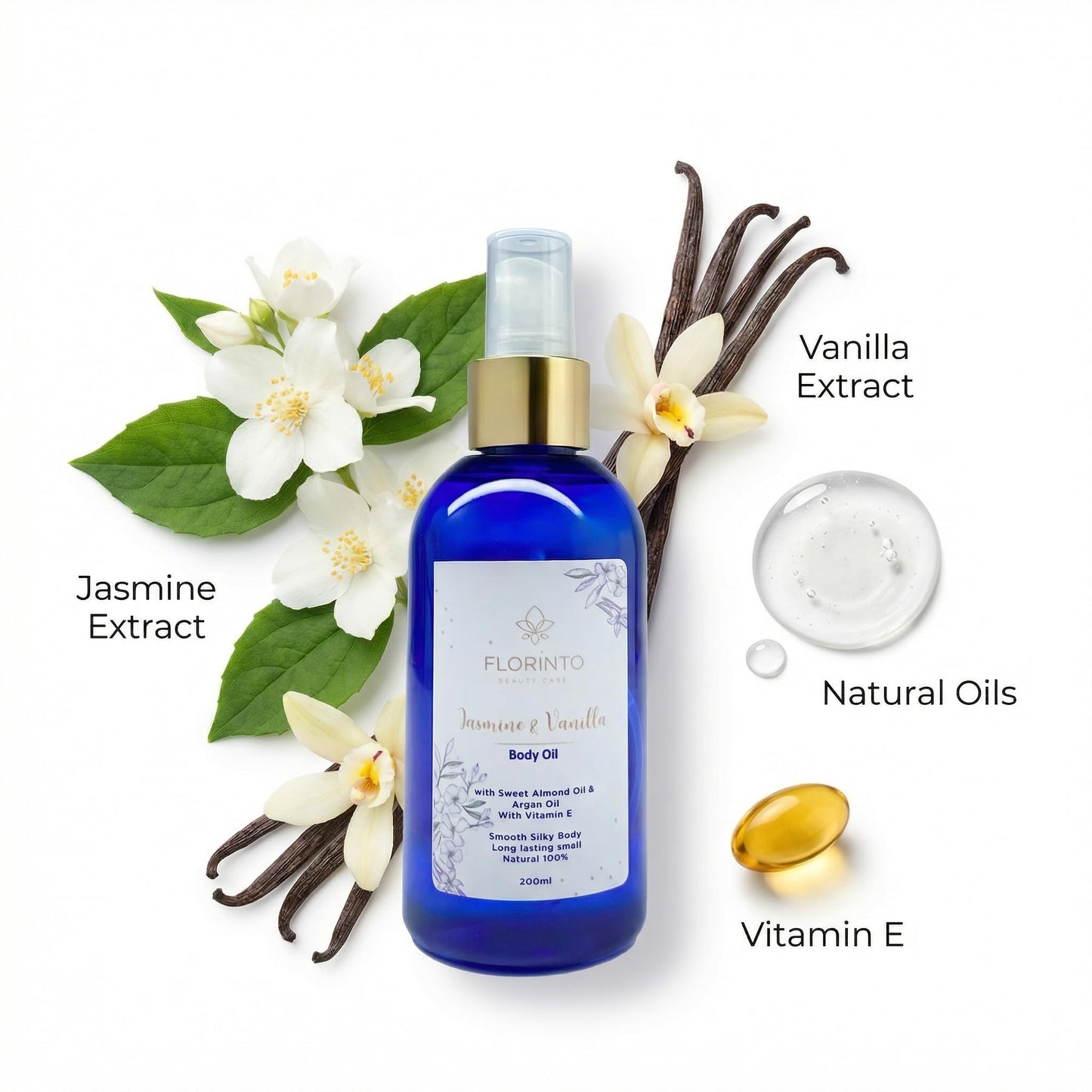 FLORÍNTO Body Oil – Hydrating & Nourishing Formula with Natural Oils & Vitamin E – Deep Moisture for Smooth & Glowing Skin – Fast Absorbing & Non-Greasy Formula – 200 ml (Jasmine & Vanilla)