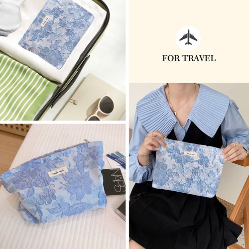 STARDW Floral Cosmetic Bags Makeup Bags for Women and Girls,Travel Makeup Bag Large Aesthetic Makeup Bag,Makeup Organizer Bag Zipper Pouch (Embossed Flowers)