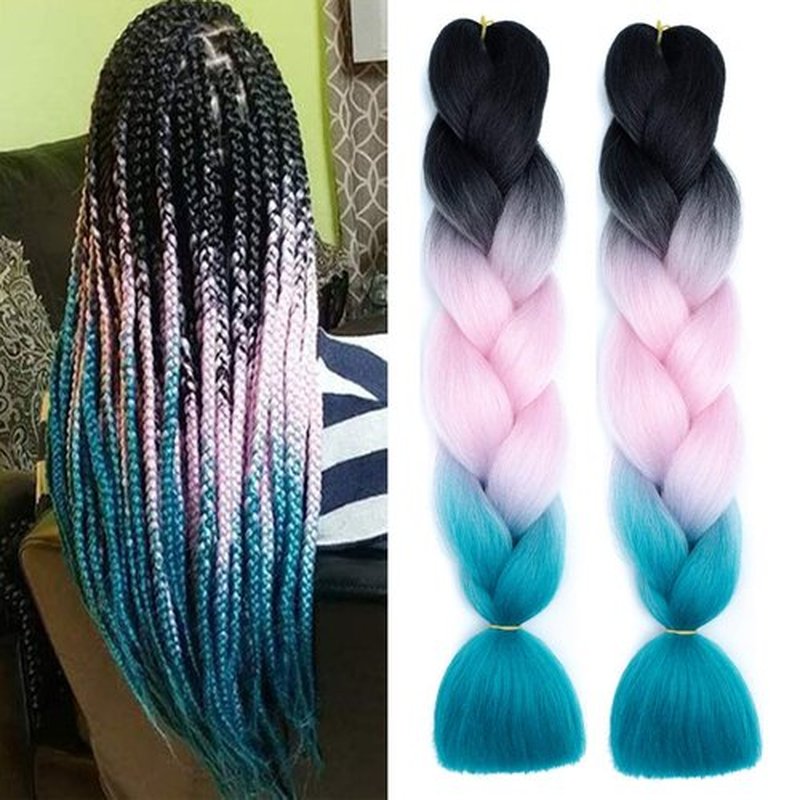 SHUOHAN 6 Packs Ombre Jumbo Braiding Hair Extensions 24 Inch High Temperature Synthetic Fiber Hair Extensions for Box Braids Braiding Hair (Black to Pink to Lake Blue)
