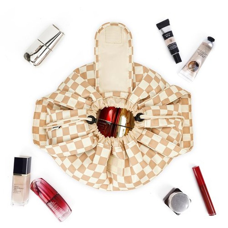 Barrel Drawstring Checkered Makeup Bag Large Cosmetic Bag Make up Bags Toiletry Organizer for Women (Light Checkerboard) (Patent)