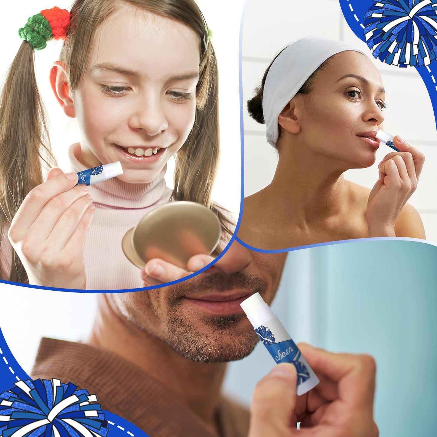 Suttmin 24 Pcs Cheer Lip Balm Bulk Cheer Teams Camp Gifts Pom Pom Leaders Party Favors Gear Lip Balm Valentine's Day Gift for Competitive Party Guest Supplies(Blue and White)