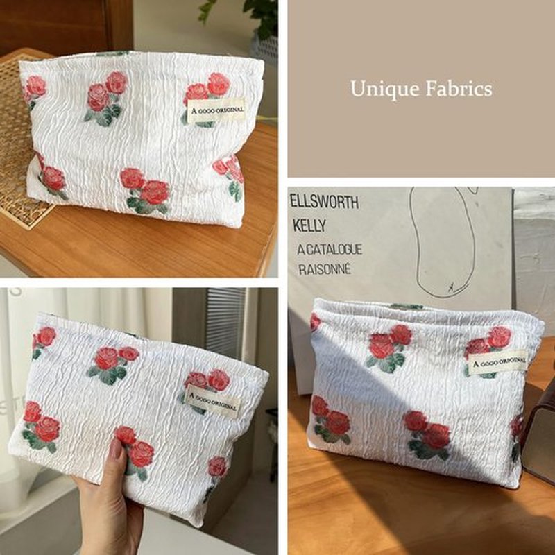 STARDW Aesthetic Makeup Bag for Women Travel Toiletry Bag Large Capacity Makeup Organizer Bag Floral Cosmetic Bags Zipper Pouch (Rose Red)