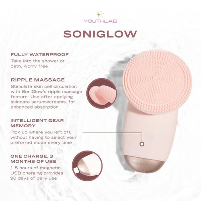 YouthLab SoniGlow, Pink, Silicone Facial Skin Cleansing Brush, Electric, Vibrating, Scrubber, Hygienic, Exfoliation, Massage, Firm, Tone, Blackheads, Pores, Waterproof, Rechargeable, Makeup Removal