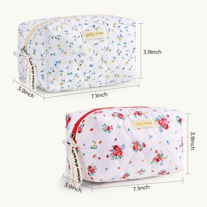 HBselect 2Pcs Quilted Makeup Bag Cute Makeup Bag Organizer Travel Cosmetic Bag Aesthetic Coquette Cotton Floral Make up Bag Toiletry Bags for Women Girls