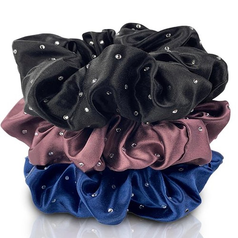 Celestial Silk Mulberry Silk Scrunchies for Hair (Plum, Navy, Black with Rhinestones)