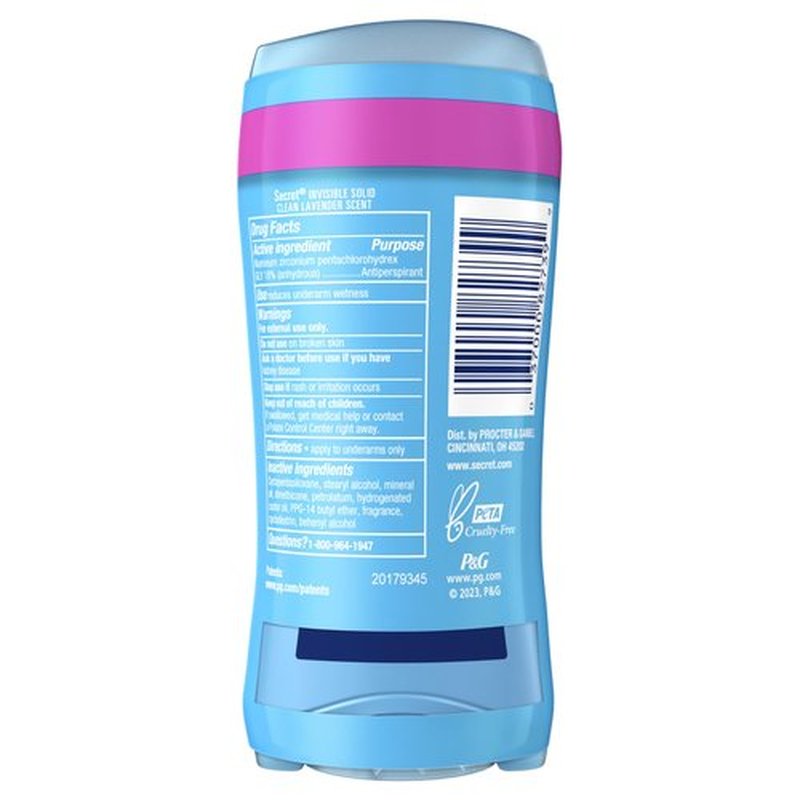 Secret Antiperspirant and Deodorant for Women, 24hr Sweat & Odor Protection, PH Balanced Protection, Gentle on Skin, Invisible Solid, Clean Lavender Scent, 2.6 oz (Pack of 2)