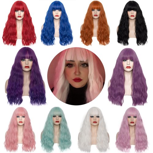 WGPFWIG Women's Purple Ombre Wig 22''Long Curly Wavy Wig Shoulder Length Flat Bangs Wig For Women Girl Cosplay Party Halloween Wig Cap Included (22''Purple Ombre)