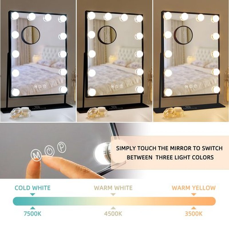 FENCHILIN Lighted Makeup Mirror Hollywood Mirror Vanity Makeup Mirror with Light Smart Touch Control 3Colors Dimable Light Detachable 10X Magnification 360°Rotation(Black)