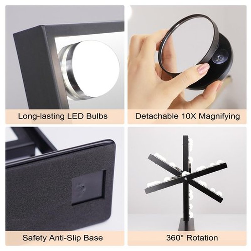 FENCHILIN Lighted Makeup Mirror Hollywood Mirror Vanity Makeup Mirror with Light Smart Touch Control 3Colors Dimable Light Detachable 10X Magnification 360°Rotation(Black)