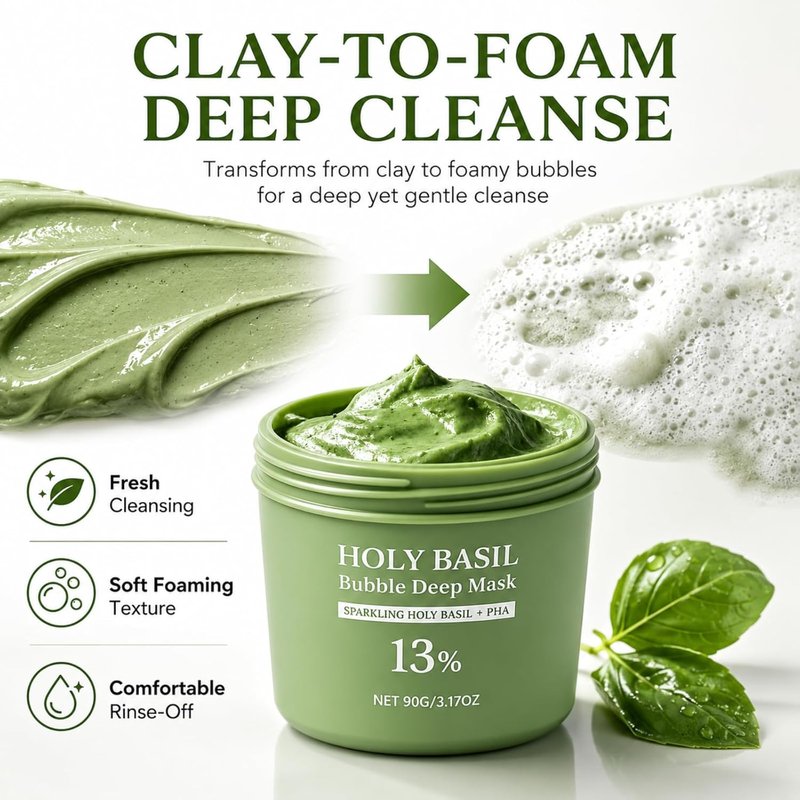 Holy Basil Bubble Deep Mask - Clay-to-Foam Facial Mask with PHA & Extract | Gentle Cleansing & Hydrating 90g (Green)