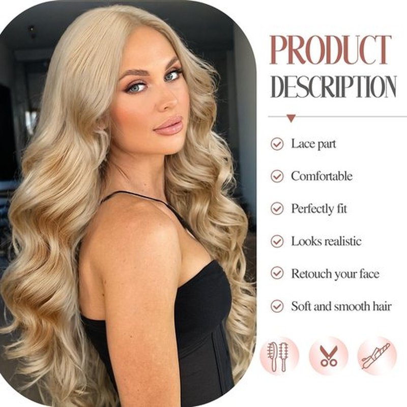 Fancy Hair Blonde Wavy Wigs 28 Inch Long Middle Part Curly Wavy Wig Small Lace Front Mixed Blonde Synthetic Long Wig for Women Cosplay Daily Party Use