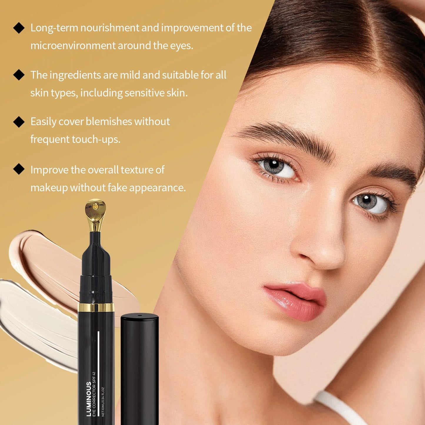 Luminous Eye Corrector Spf 41,Under Eye Concealer for Dark Circles,Anti-Aging Tinted Eye Cream (Ivory White, 1pcs)