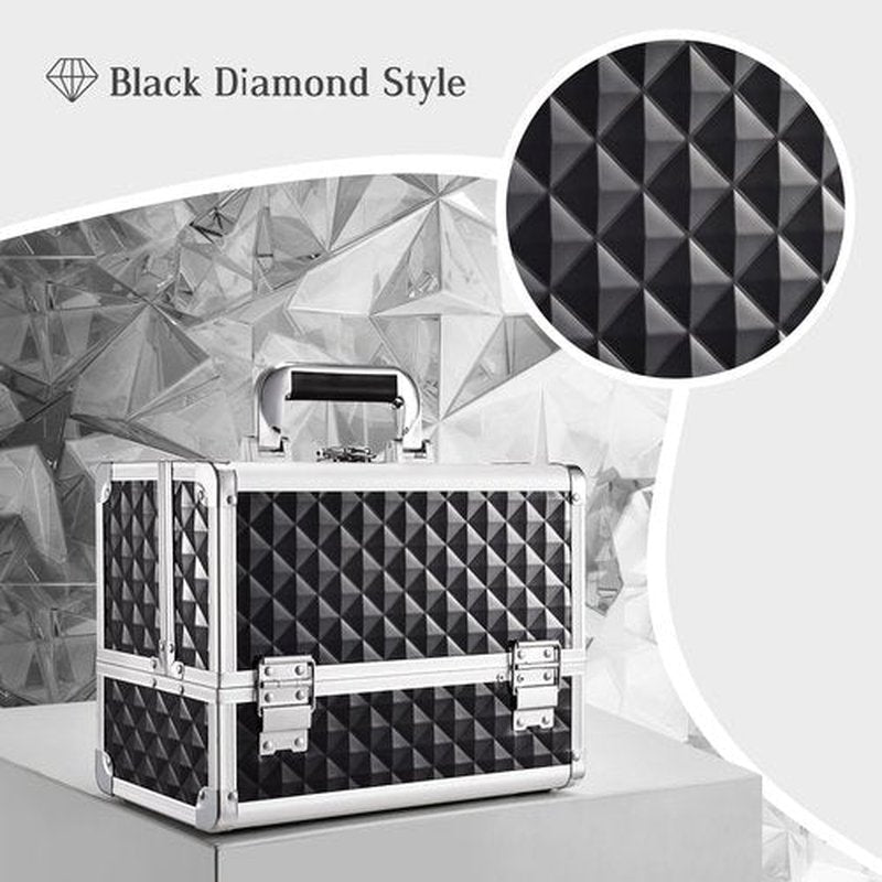 Joligrace Makeup Box with Mirror 3-Tray 11.6-Inch Makeup Train Case with Brush Holder Lockable Portable Storage Organizer Large Black