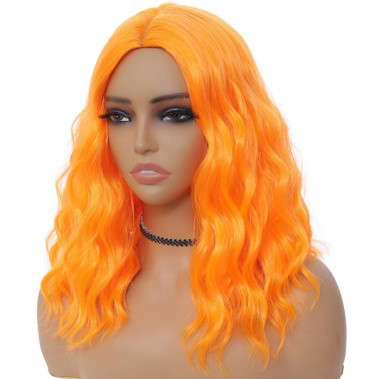 BEAUTIFA Orange Wig for Women, Wavy Curly Orange Bob Wigs Middle Part 14 Inch Shoulder Length Heat Resistant Synthetic Colorful Wig
