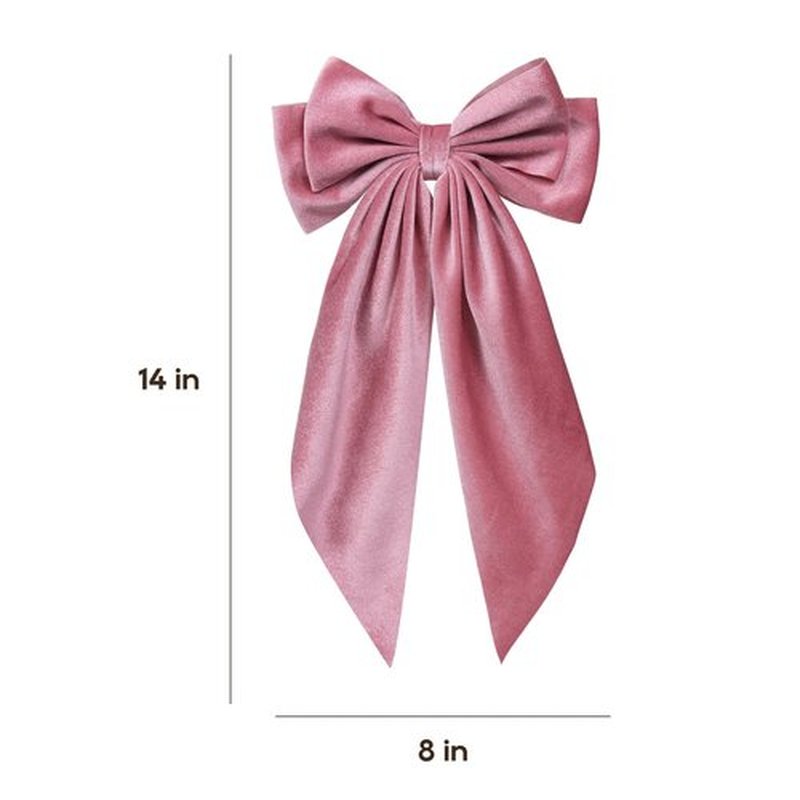Beige Pink Velvet Ribbon Hair Bows with Long Tail for Women Girls Thick Hair Valentines Ponytail Holder Decor Accessory Everyday Big Bow-Knot French Hair Barrette Clips Clamp Stuff