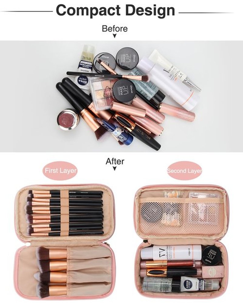 Relavel Small Makeup Bag, Small Travel Makeup Bags for Women, 2-layer Cosmetic Bag Makeup Purse with Brush Holder Compartment, Waterproof Makeup Organizer Storage (Pink)