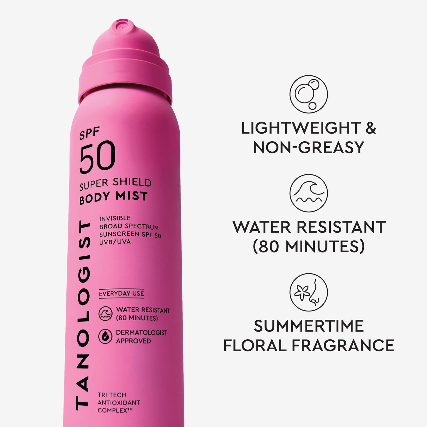 Tanologist SPF 50 Super Shield Body Mist, Broad Spectrum SPF Sunscreen Spray, Lightweight Non-Greasy Body Sunscreen with Antioxidants, Water Resistant, 6 fl. oz/177 ml Bottle