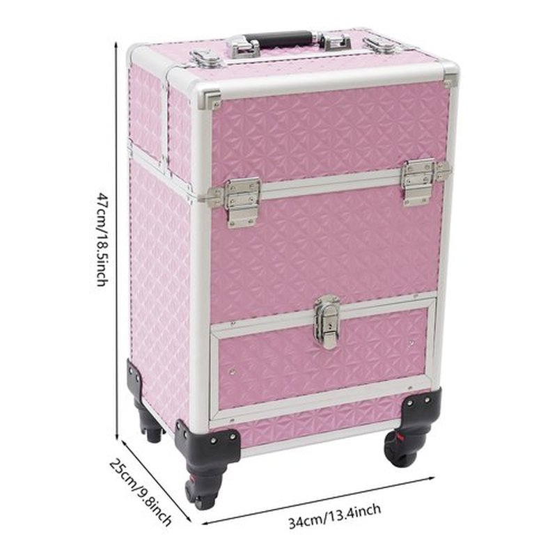 Rolling Nail Case Wheeled Manicure Storage Case, Professional Cosmetology Case, Large Cosmetic Trolley Travelling Cart Trunk with Locks and Drawers, Makeup Case with 4 Universal Wheels (Pink)