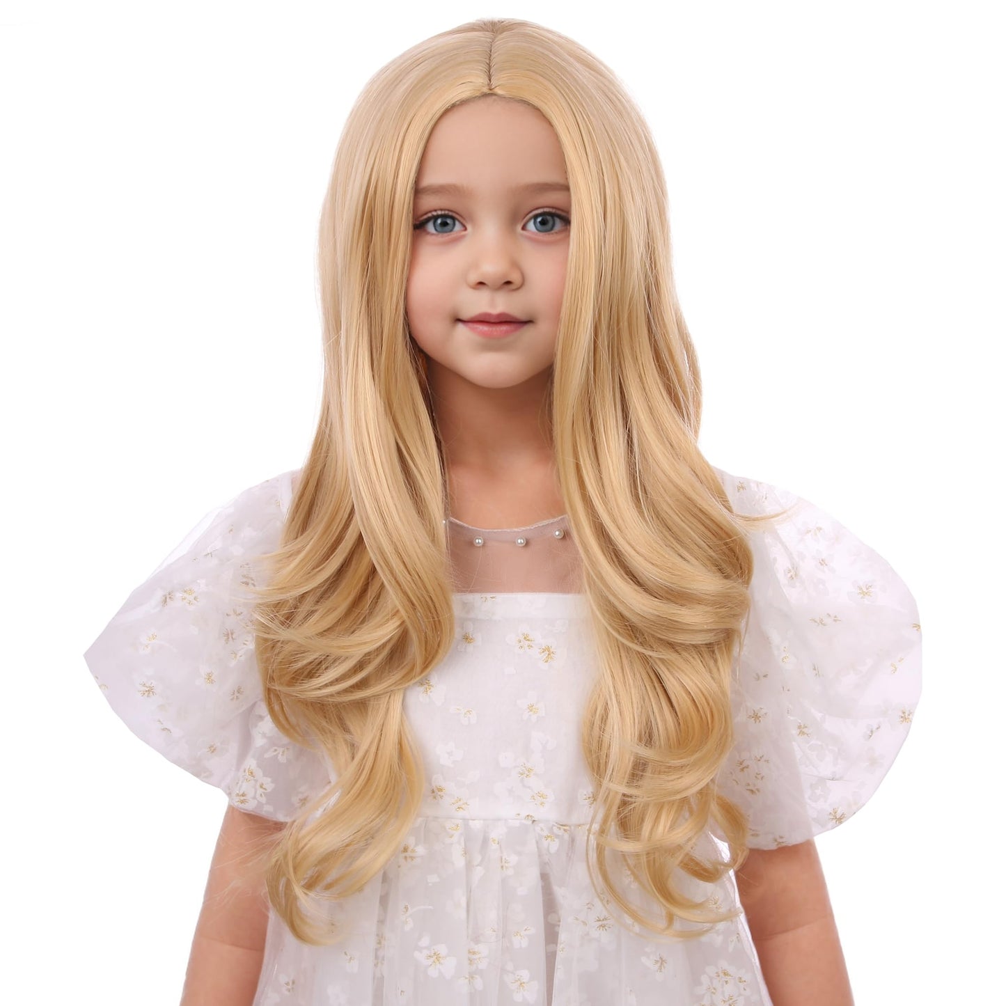 Edivd Girls Light Blonde Wig Kids Long Mixed Blonde Wavy Curly Wig Girls Blonde Middle Part Wig Heat Resistant Synthetic Wig with Wig Cap